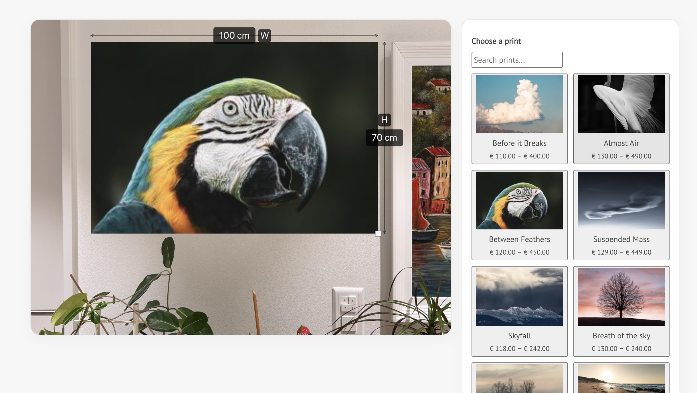 Wall Preview tool showing an artwork placed on a real wall