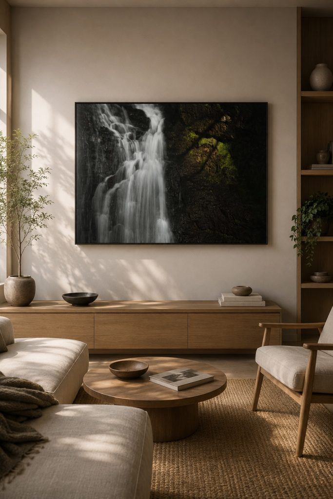 Large fine art waterfall print integrated into a calm minimalist living room interior with natural light, warm neutral tones and modern organic decor creating a peaceful atmosphere.