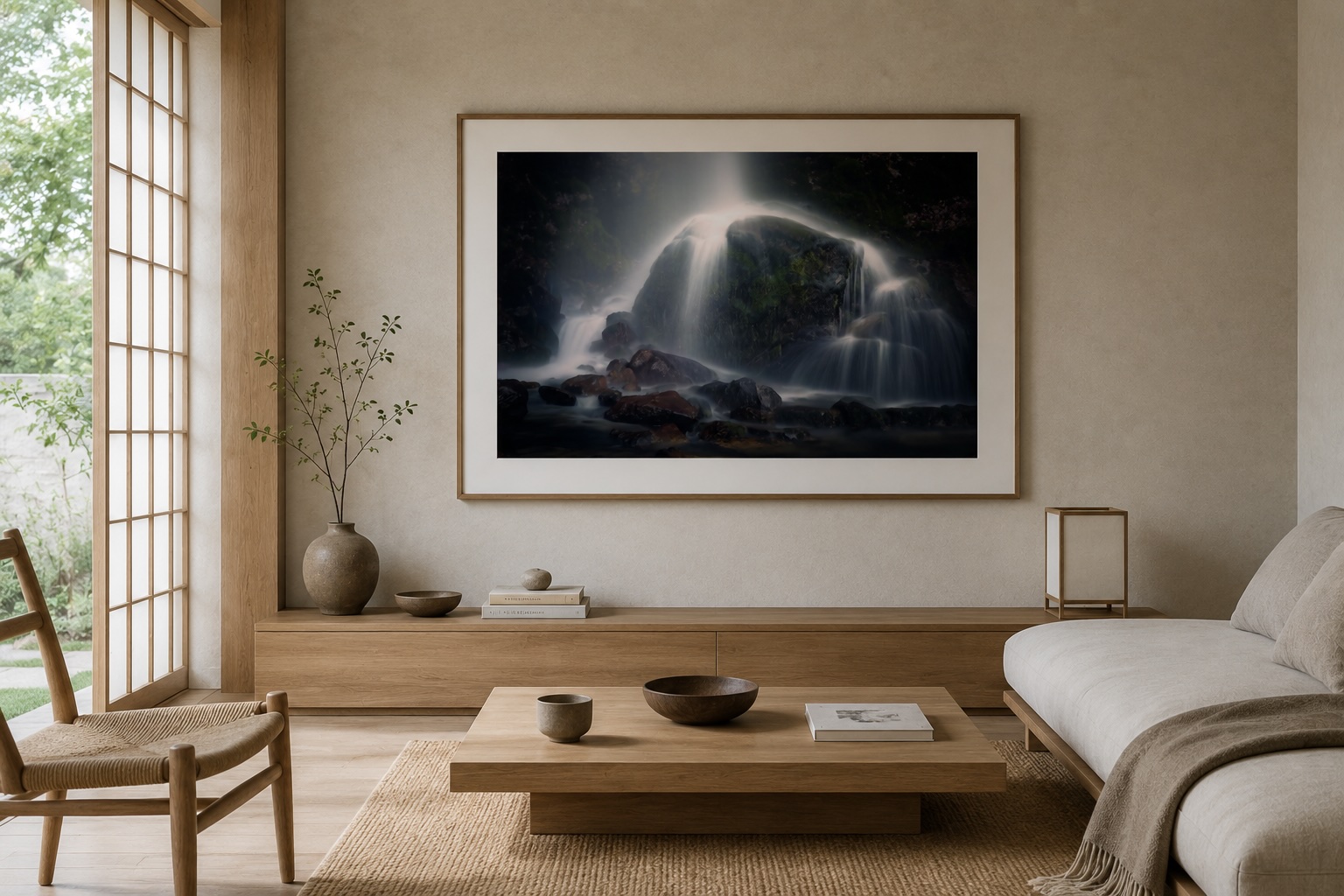 Large black and white fine art photograph above a sofa in a quiet contemporary living room with soft light and a bright central opening.