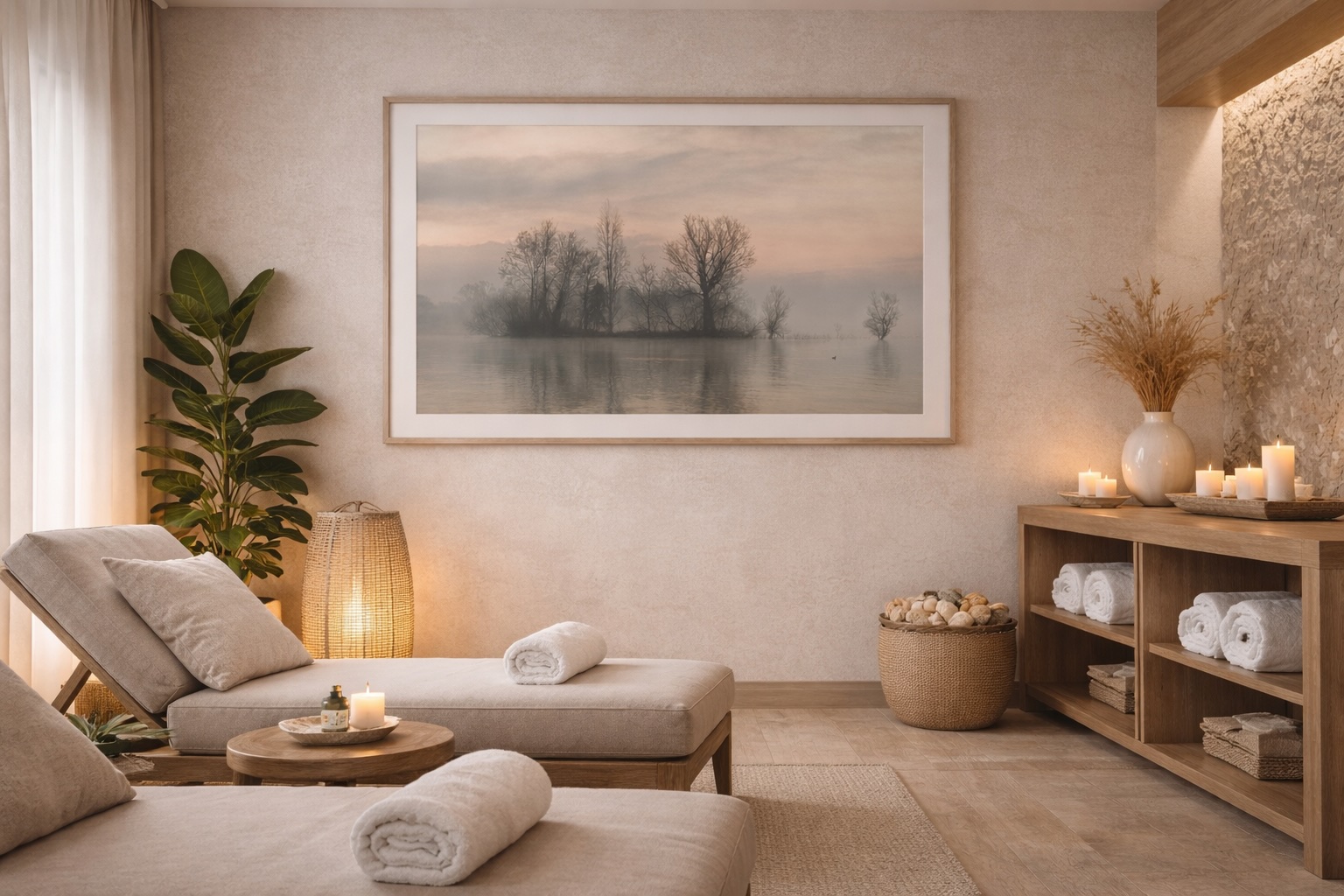 Large black and white fine art photograph above a sofa in a quiet contemporary living room with soft light and a bright central opening.